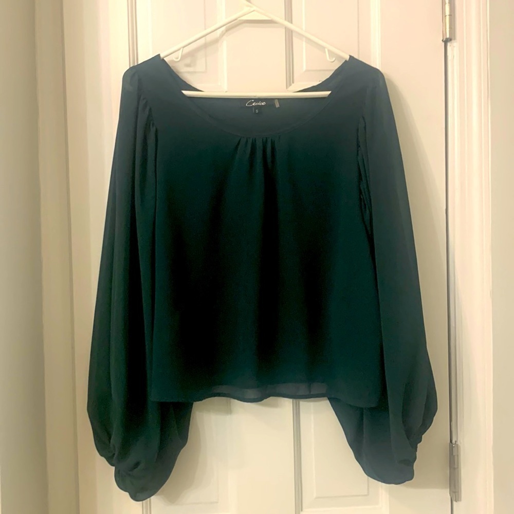 Evergreen balloon sleeve top with cross open back lined front crop small Cecice